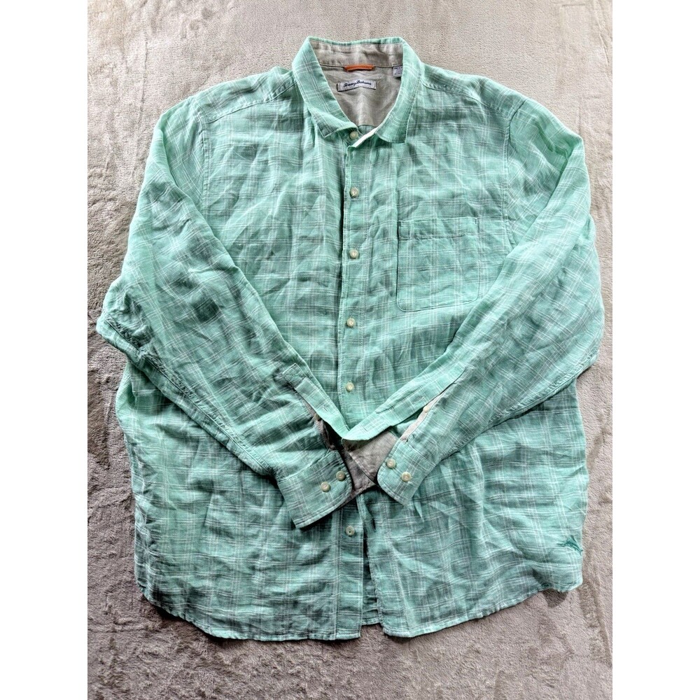 Tommy Bahama Linen Shirt Mens 2XT Tall Plaid Relaxed Fit Long Sleeve Button Up
